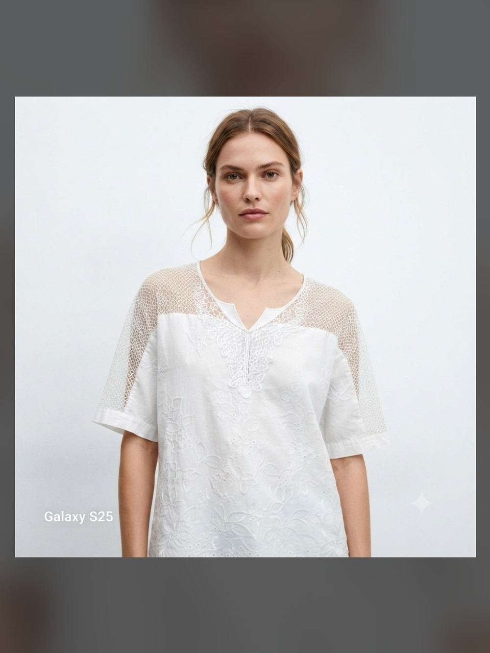 White Cotton Lace Overlay Embroidered Short Sleeve Blouse Top Sz M/L